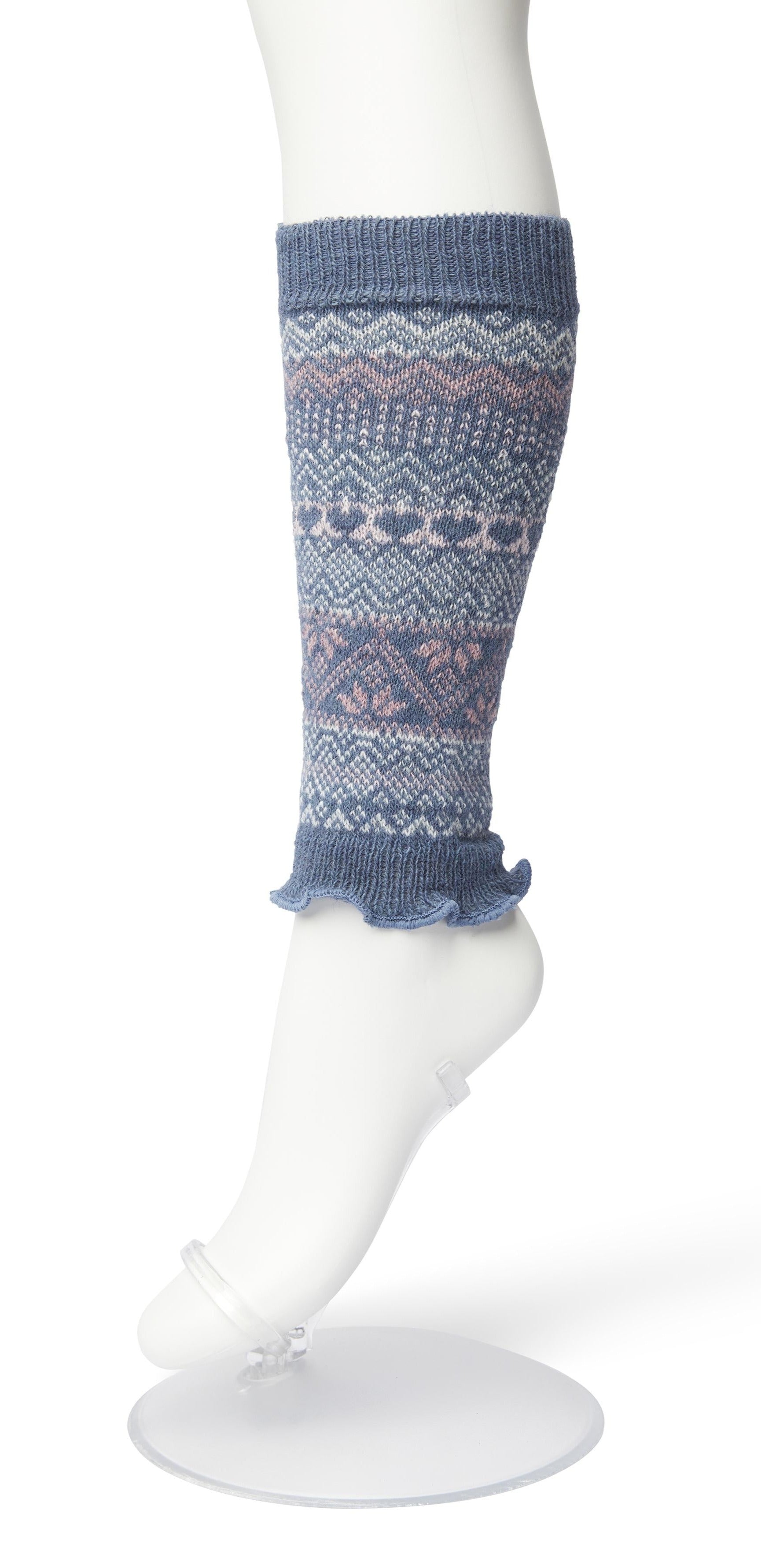 Bonnie Doon BP051729 Folkloric Legwarmers - Light pale blue grey, baby pink and white warm and soft knee length knitted leg-warmers with a fairisle style pattern, elasticated cuff and frill edge.