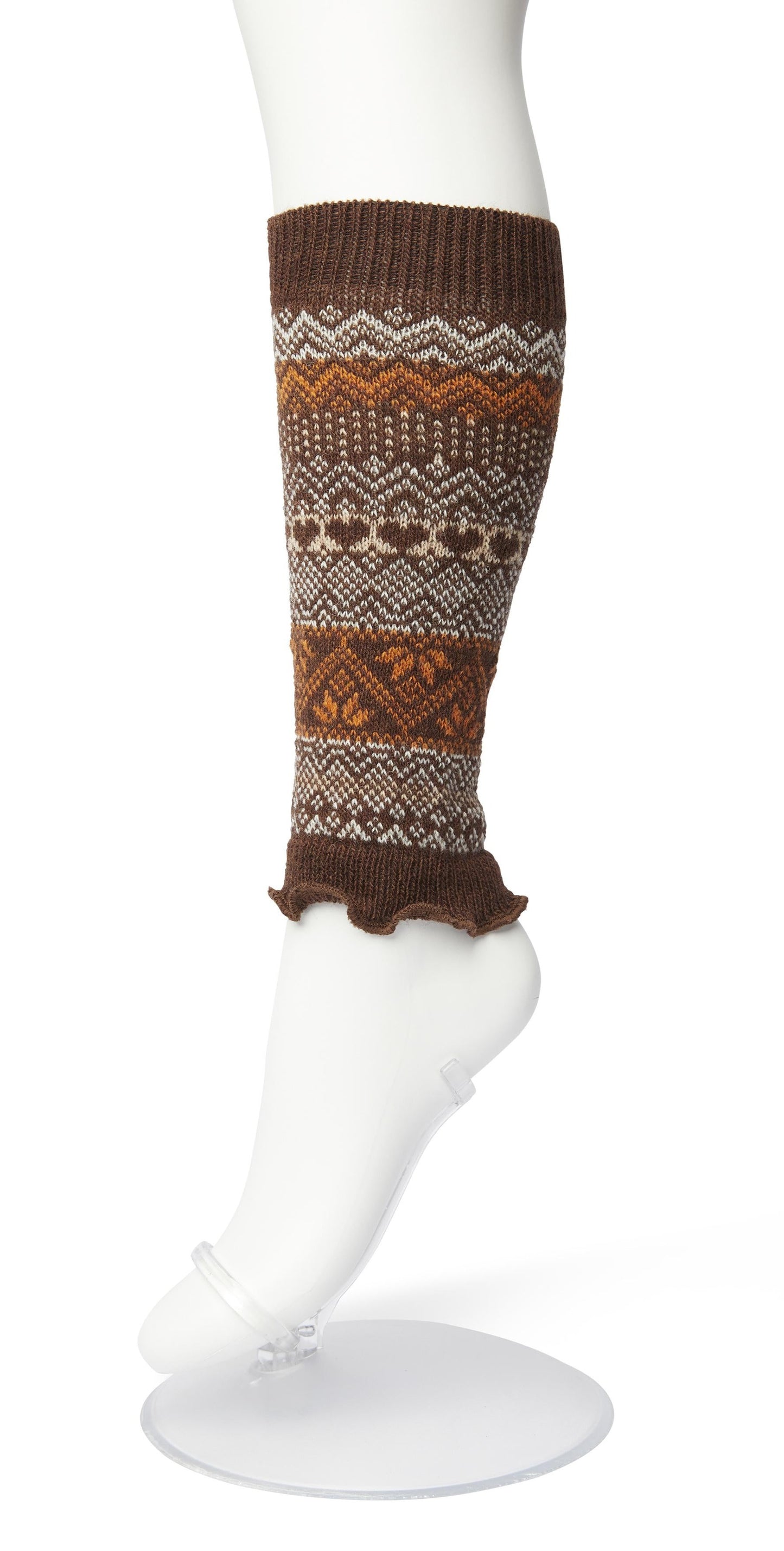 Bonnie Doon BP051729 Folkloric Legwarmers - Light brown, rust orange and white warm and soft knee length knitted leg-warmers with a fairisle style pattern, elasticated cuff and frill edge.
