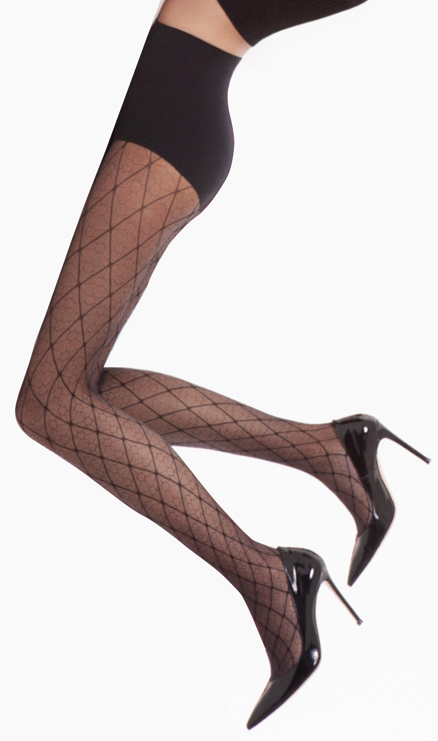 Omsa 3563 Rombi Collant - Sheer seamless fashion tights with a black diamond style pattern, an alternative to the iconic Gucci pattern. Available in black and nude/black