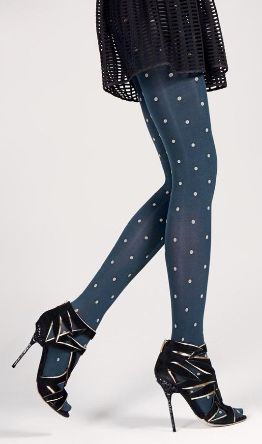 Omsa 3409 Cosmos Collant - opaque fashion tights with a beige polka dot pattern, available in black, brown, teal and purple