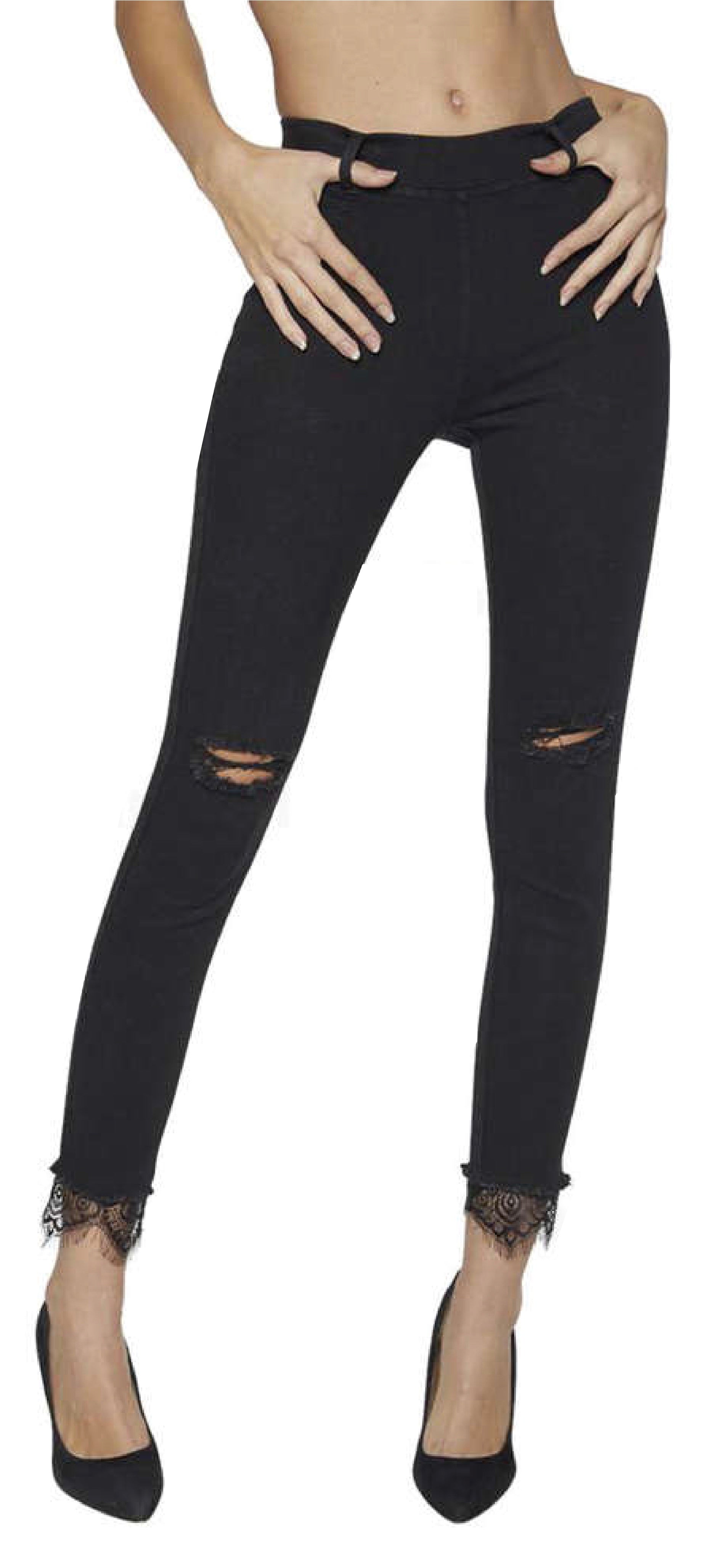 Ysabel Mora 70249 Lace Cuff Jeggings - black denim jean leggings with ripped knees