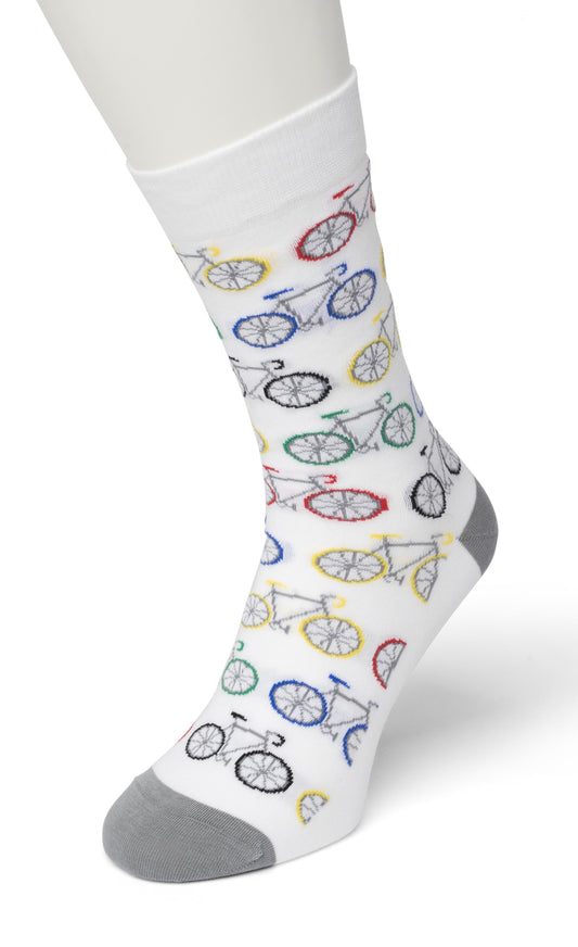 Bonnie Doon BT9921.03 Biker Sock - Off-white cotton mix ankle socks with light grey road bike pattern with red, blue, black and yellow wheels, seat and handle bars, light grey toe and heel. Available in men and women sizes.