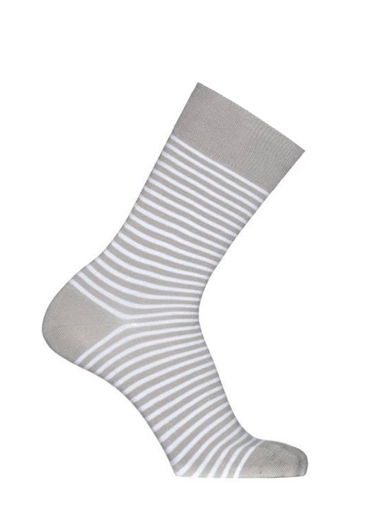 Bonnie Doon BN742101 Breton Socks - Light grey men's cotton mix ankle socks with white horizontal stripes and flat toe seams.