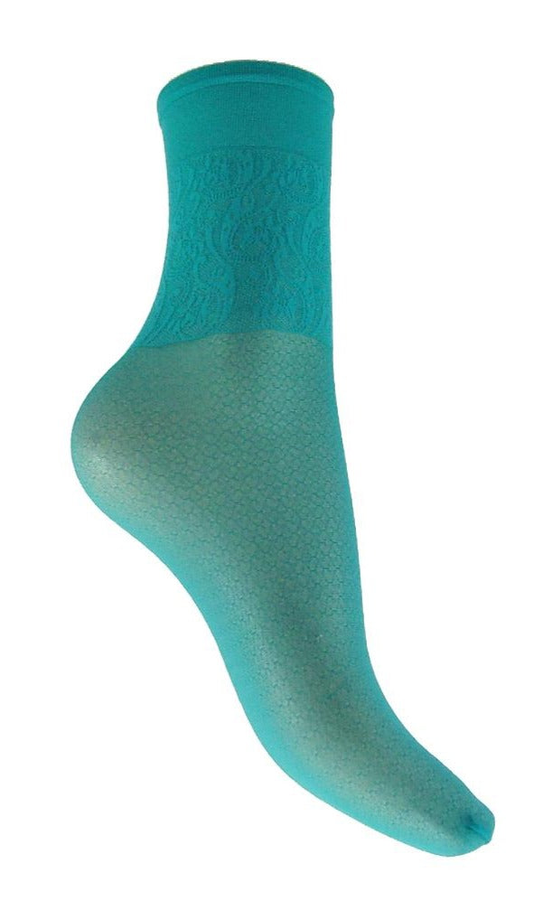 Omsa Gallantly Calzino - sheer turquoise fashion ankle socks with a paisley swirl lace design cuff