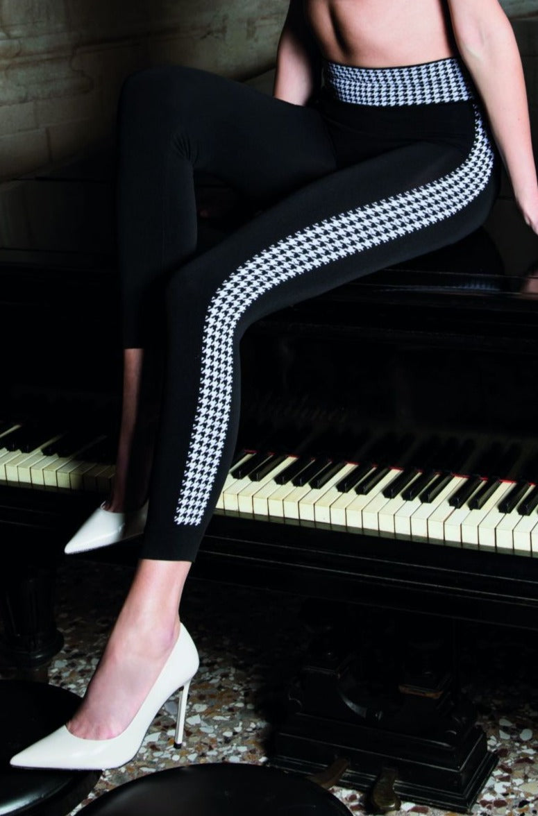 Trasparenze Goblin Pantacollant - Black matte seamless leggings with woven black and white houndstooth pattern side stripe panel and waistband.