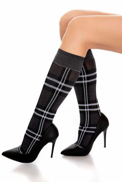 Trasparenze Gutturnio Gambaletto - grey and black opaque fashion knee-high socks with a white woven tartan pattern