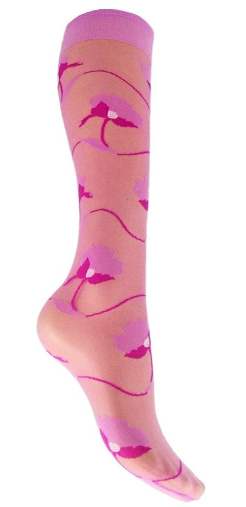 Omsa 488 Hawaii Gambaletto - sheer pink knee-high fashion socks with a floral pattern in a darker shade of pink