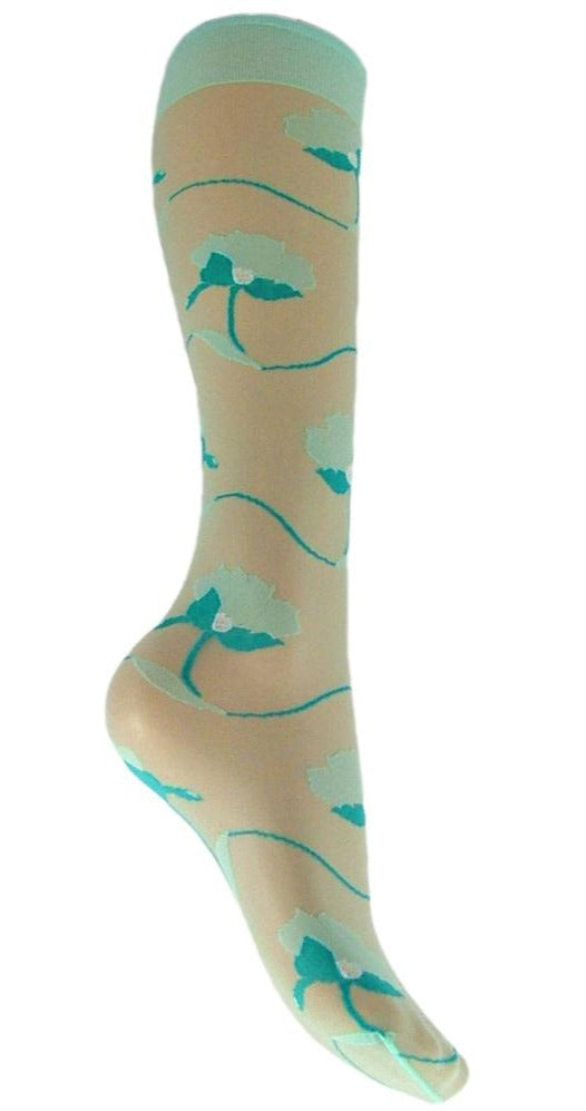 Omsa 488 Hawaii Gambaletto - sheer turquoise knee-high fashion socks with a floral pattern in a darker shade of turquoise blue