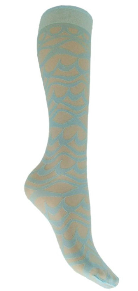 Omsa 487 iPanema Gambaletto - sheer light blue fashion knee-high socks with a wavy swirl pattern