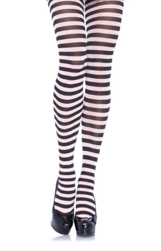 Leg Avenue 7100 Nylon Stripe Tights - black and white horizontal striped pantyhose