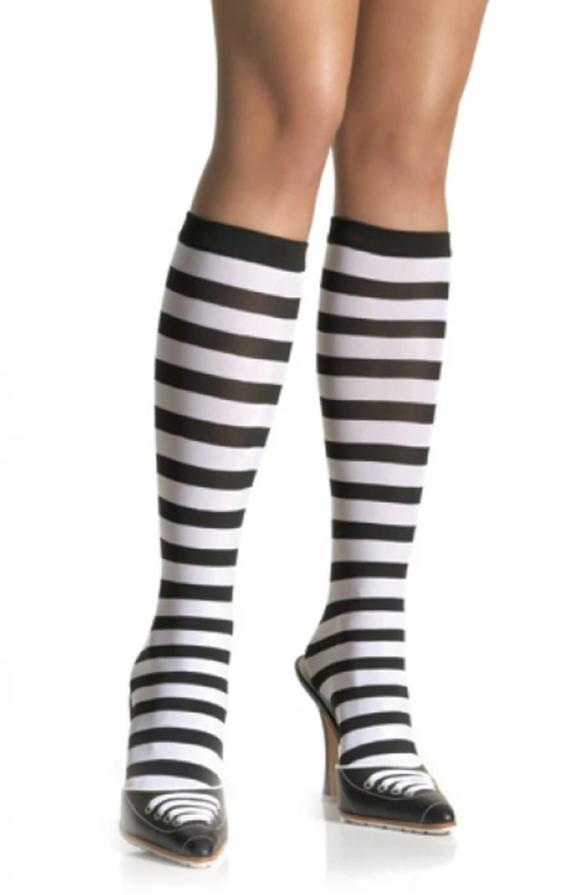 Leg Avenue 5577 Stripe Knee Highs - black and white horizontal stripe knee-high socks