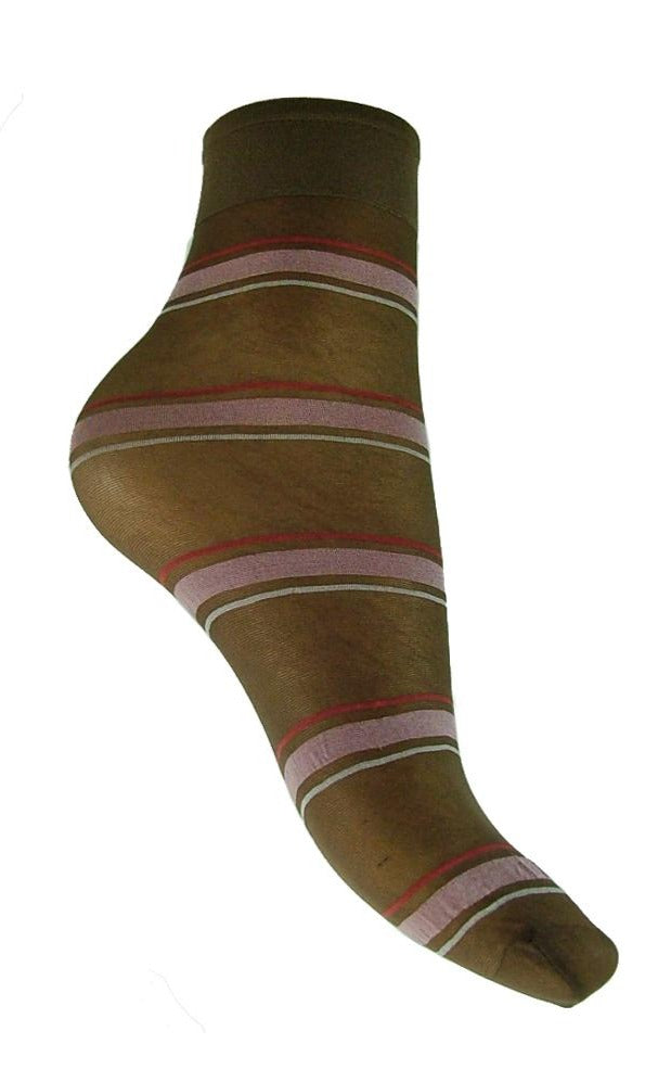 Omsa 3018 Legend Calzino - Sheer brown fashion ankle sock with a pale pink and red horizontal stripe pattern.