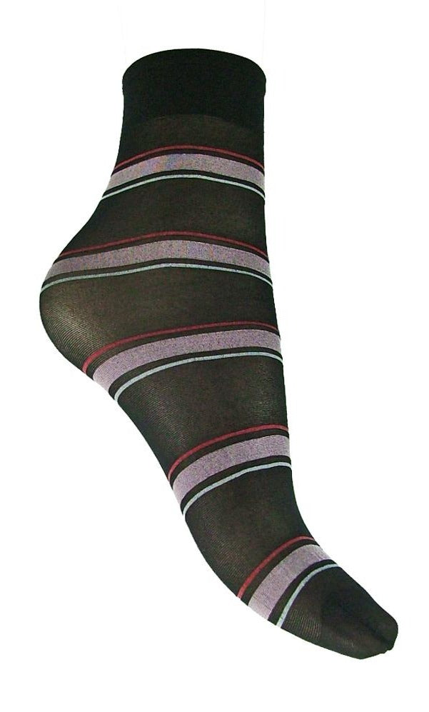 Omsa 3018 Legend Calzino - Sheer black fashion ankle sock with a pale pink and red horizontal stripe pattern.