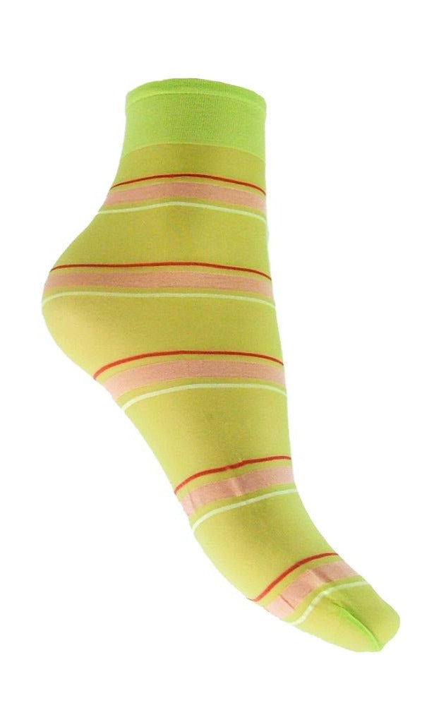 Omsa 3018 Legend Calzino - Sheer lime green fashion ankle sock with a pale pink and red horizontal stripe pattern.
