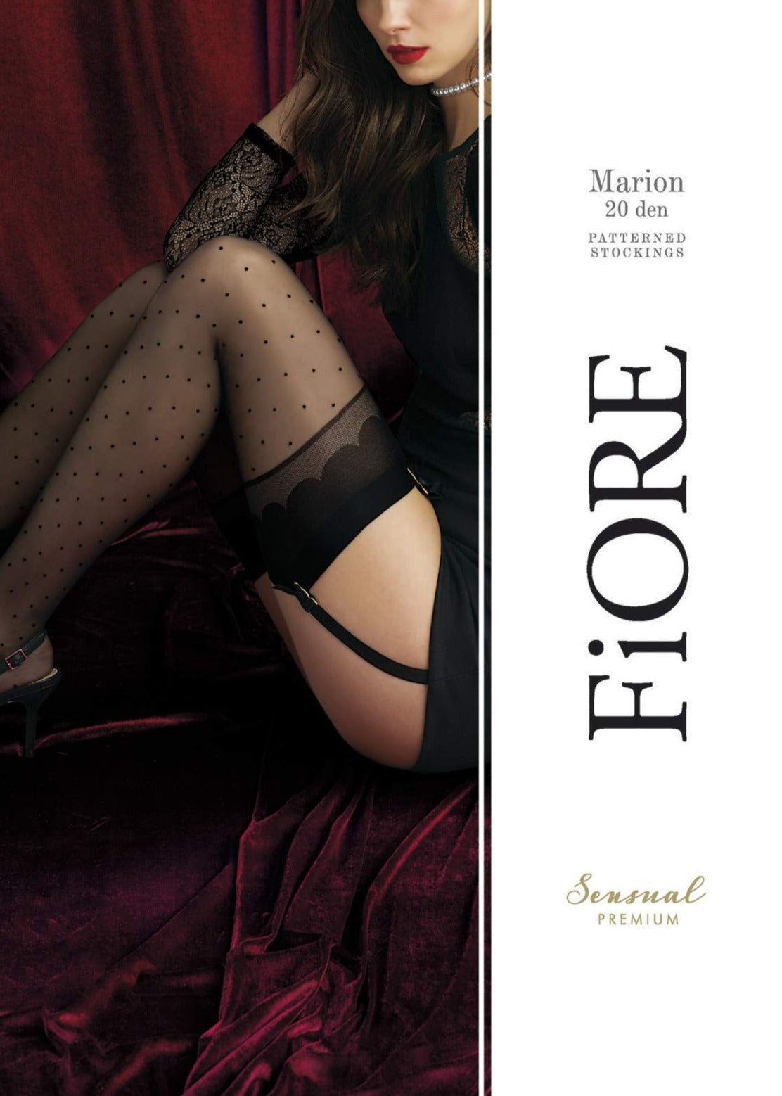 Fiore O 4057 Marion Stockings - Sheer black fashion stockings with a small woven spot pattern, plain deep top with a scalloped design detail. To be worn with a suspender/garter belt.