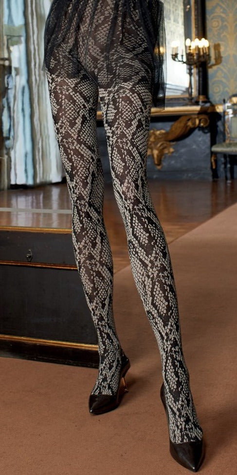 Trasparenze Marsala Collant - Soft opaque fashion tights with a black woven snake print pattern in cream