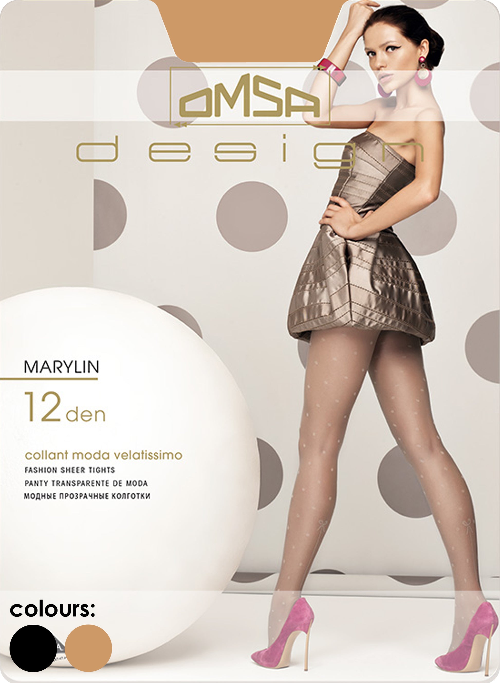 Omsa 3394 Marylin Collant - Sheer woven fashion tights with contrast polka dot pattern and a half back seam to the calf with a bow on top, flat seams, hygienic gusset and invisible toes. Available in black and nude.