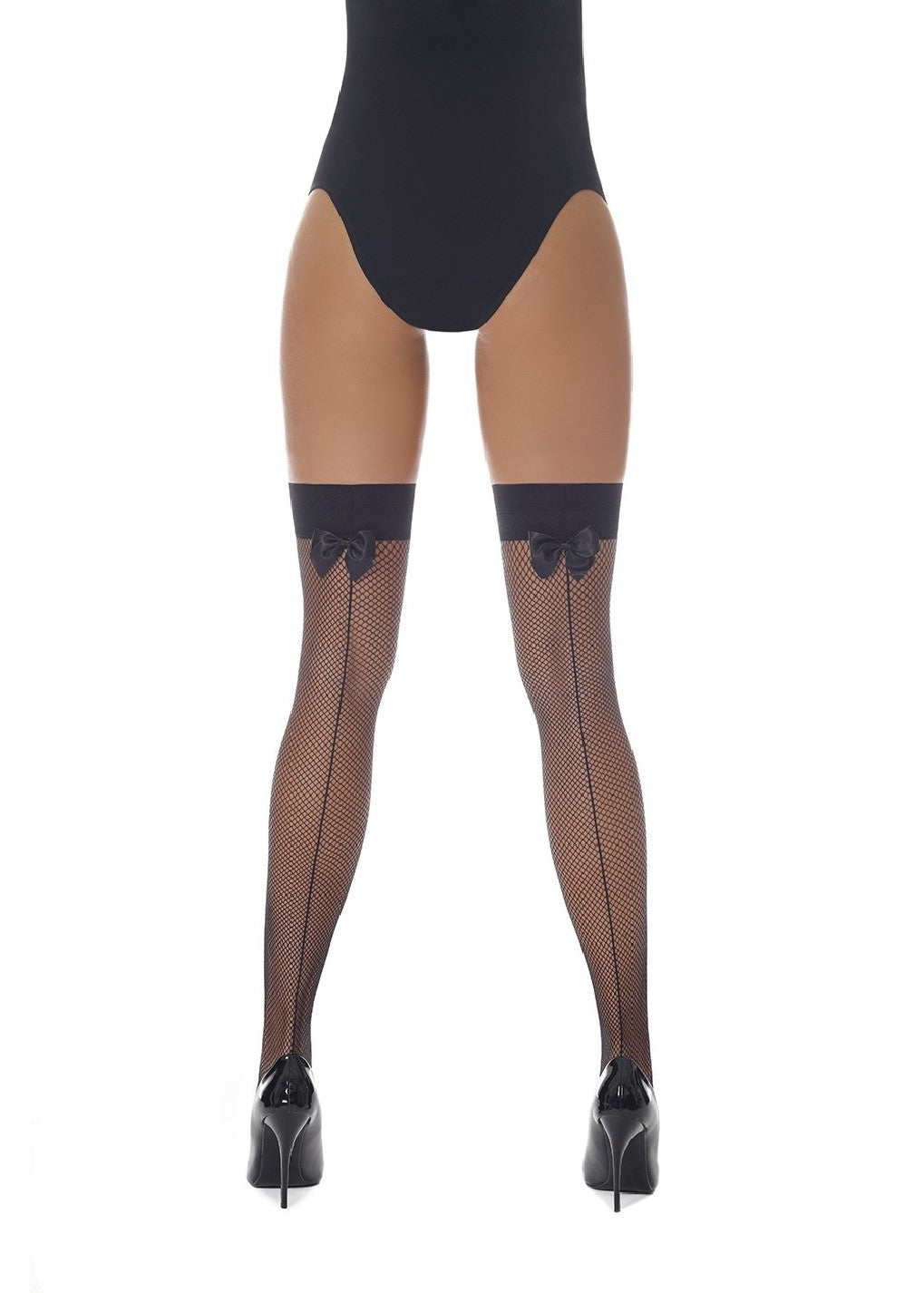 BasBleu Mikaela Hold-ups - Classic fishnet hold-ups with a back seam, smooth plain top with satin bows on the back.