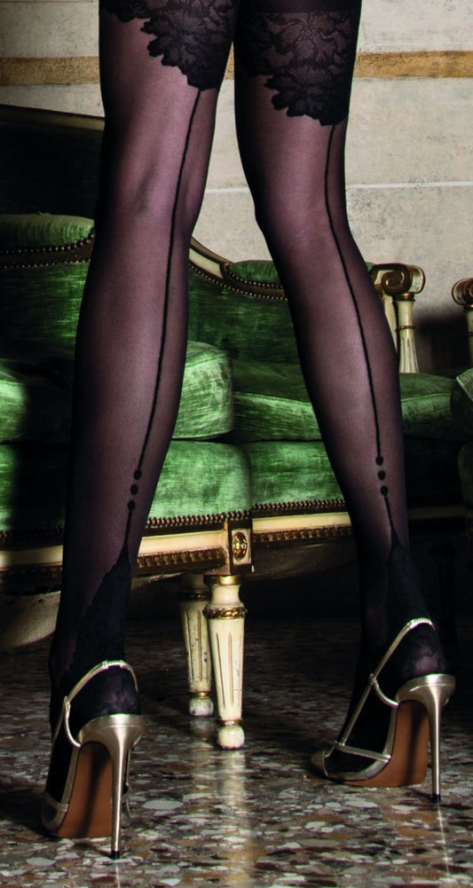 Trasparenze Ninfa Collant - Sheer faux hold-up effect fashion tights with a black lace style top and sole and back seam.
