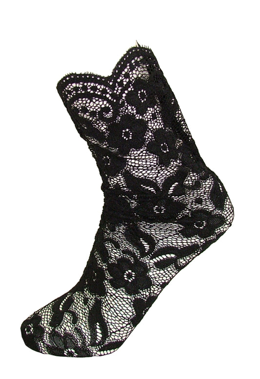 Omero Liz Calzino - Luxury black floral lace fashion ankle socks with scalloped edge and back seam.