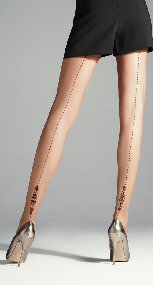 Omsa 3472 Monumental Collant - Ultra sheer fashion tights with innovative seamless (seam-free) panty top and back seam in micro dots with a floral decoration tattoo effect. Available in tan and black.