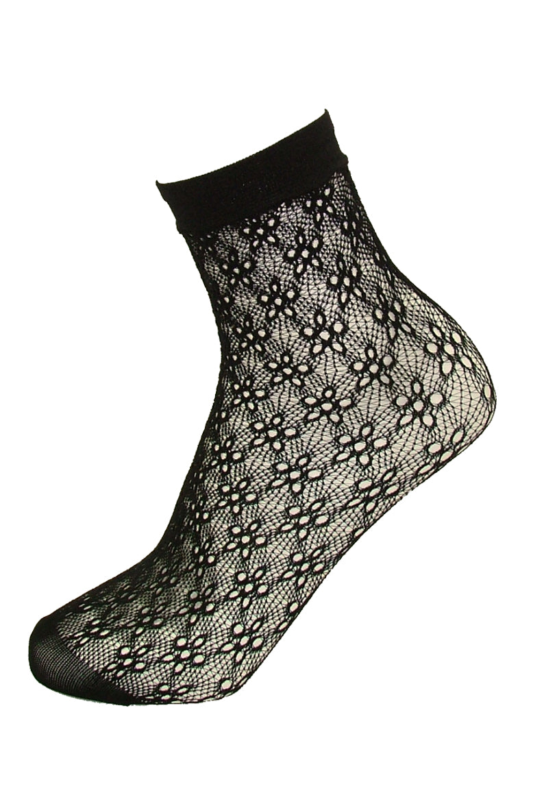 Omsa 3021 Angel Calzino - Black openwork fishnet fashion ankle sock with a floral design.