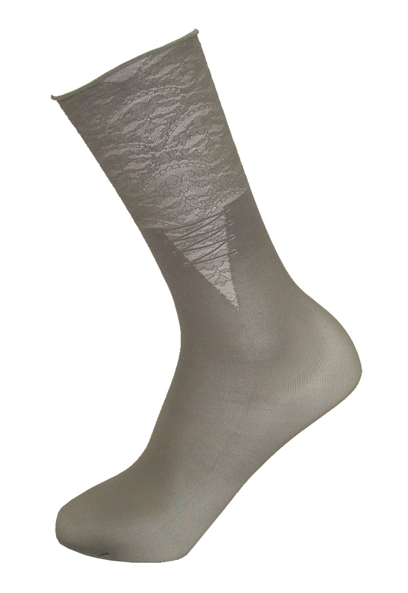 Omsa Artwork Calzino - Light grey semi sheer fashion ankle sock with a lace up effect pattern and floral lace style cuff.
