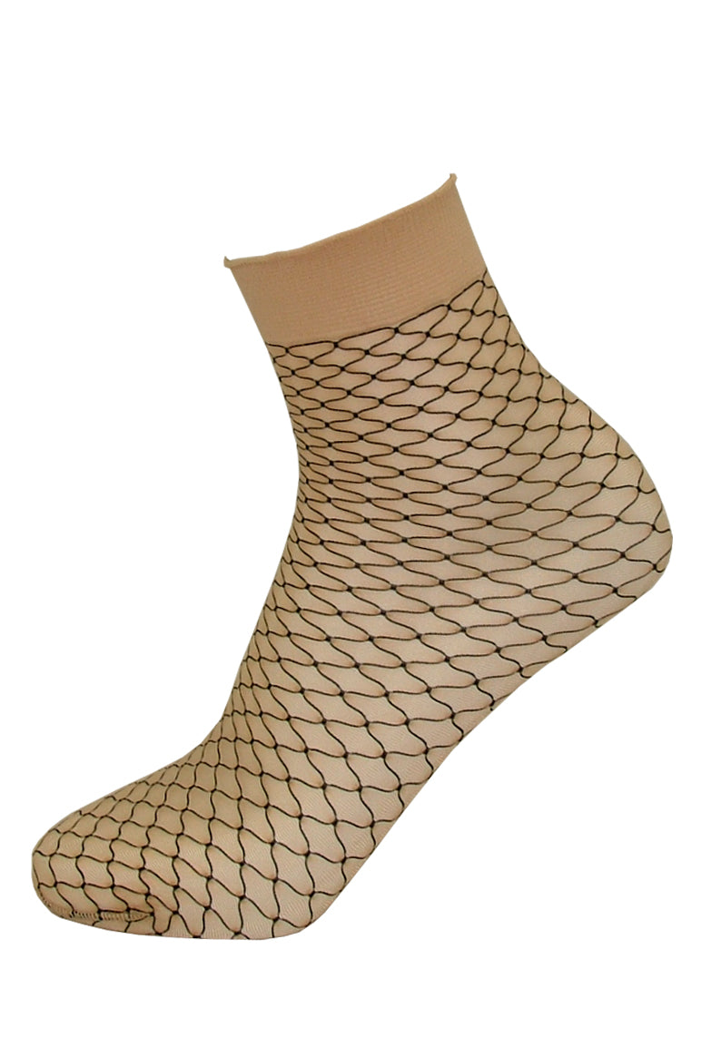 Omsa 3587 Class Calzino - Sheer nude fashion ankle socks with black honeycomb/fishnet pattern and plain cuff