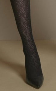 Omsa 3620 Confidential Collant - Black semi opaque fashion tights with seamless body, all over sheer spot pattern and diamond zig-zag stripe up the the front and back.
