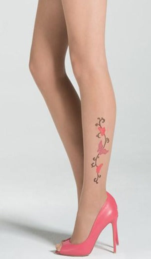 Omsa Cover Collant - Sheer fashion tights with a woven butterfly and swirl tattoo motif in black, pink and purple on the outside of one leg, flat seams, hygienic gusset and invisible toes. Available in black and nude