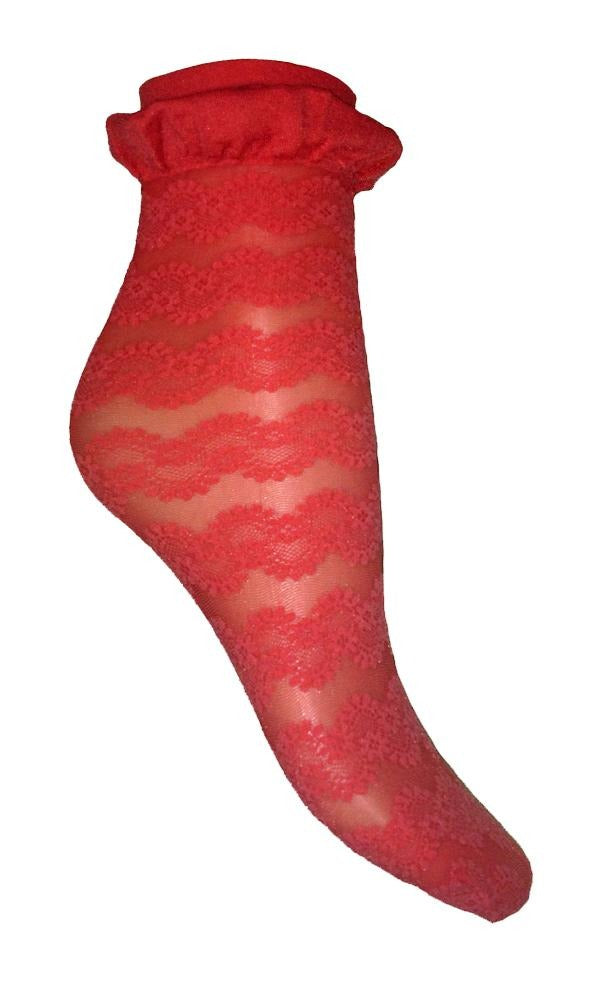 Omsa 3042 Desire Calzino - coral pink fashion ankle sock with lacey floral style stripe and frill scrunch cuff