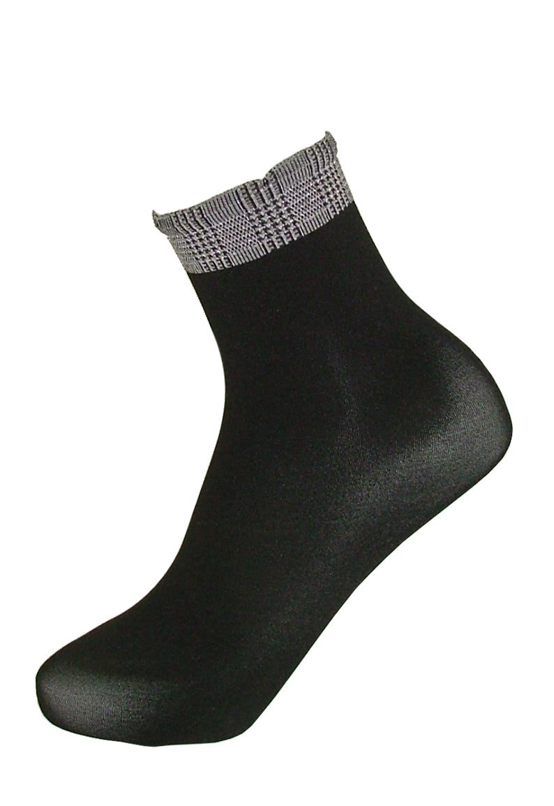 Omsa Difference Calzino - Black opaque fashion ankle socks with a grey and silver tartan check cuff.
