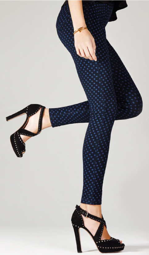 Omsa Dotz Leggings - Navy cotton mix jeggings with a light blue polka dot print pattern and rear pockets.