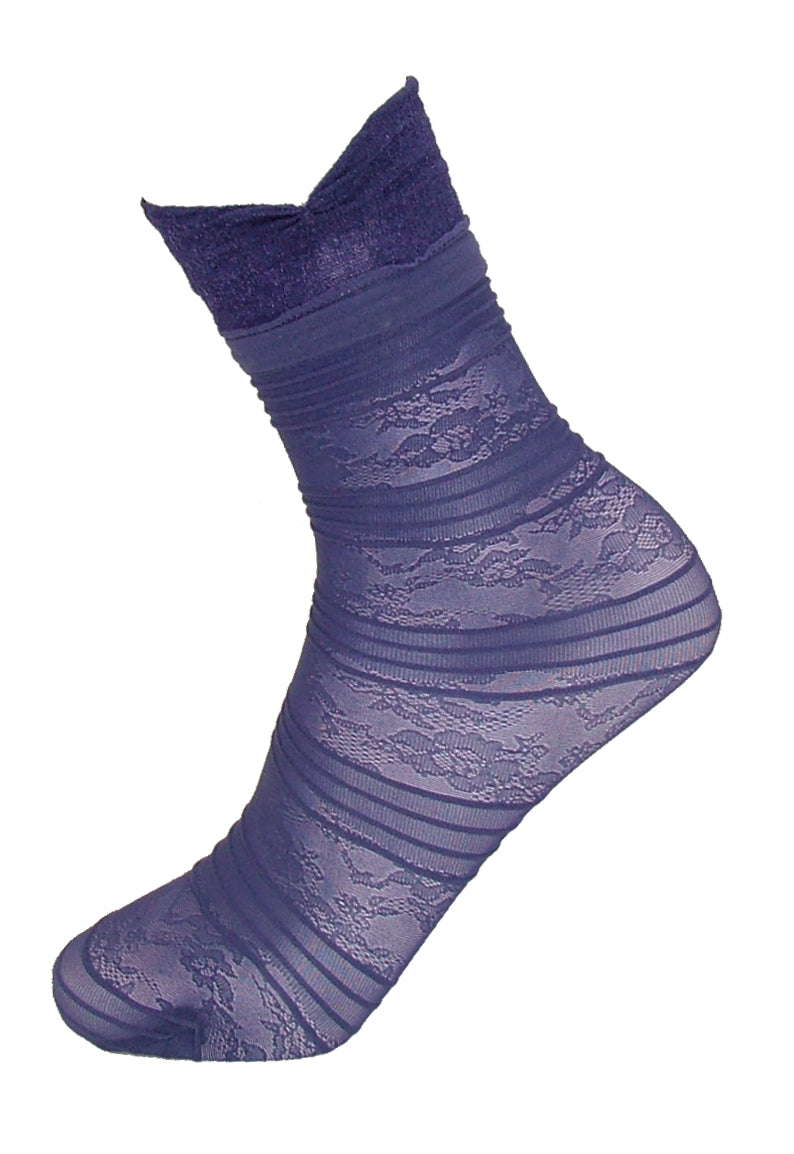 Omsa 3320 Elegantly Calzino - Blue semi-sheer floral striped pattern socks with a frill style cuff.