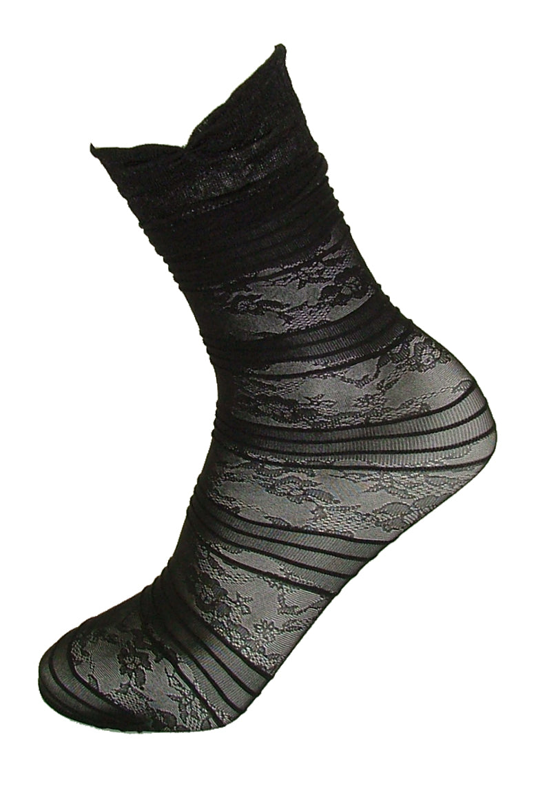Omsa 3320 Elegantly Calzino - Black semi-sheer floral striped pattern socks with a frill style cuff.