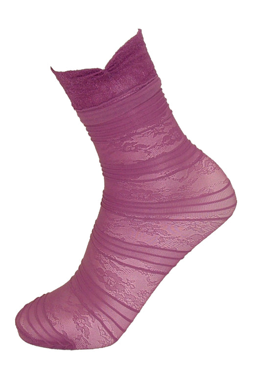 Omsa 3320 Elegantly Calzino - mauve pink semi-sheer floral striped pattern socks with a frill style cuff.