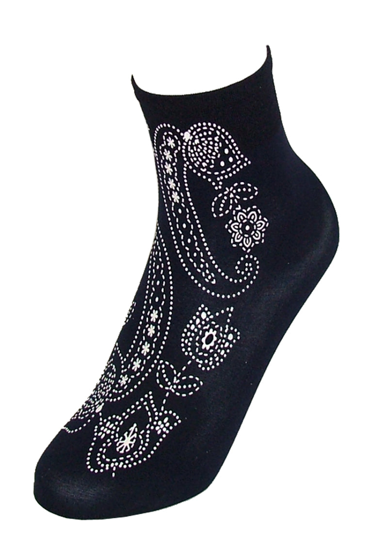 Omsa 3573 Fiore E Perle Calzino - Navy opaque fashion ankle socks with white paisley print pattern