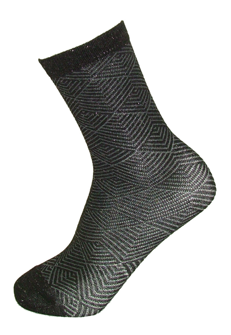 Omsa Inlay Calzino - Soft black silver lam̩ cotton mix socks with a grey geometric diamond zig-zag style pattern.