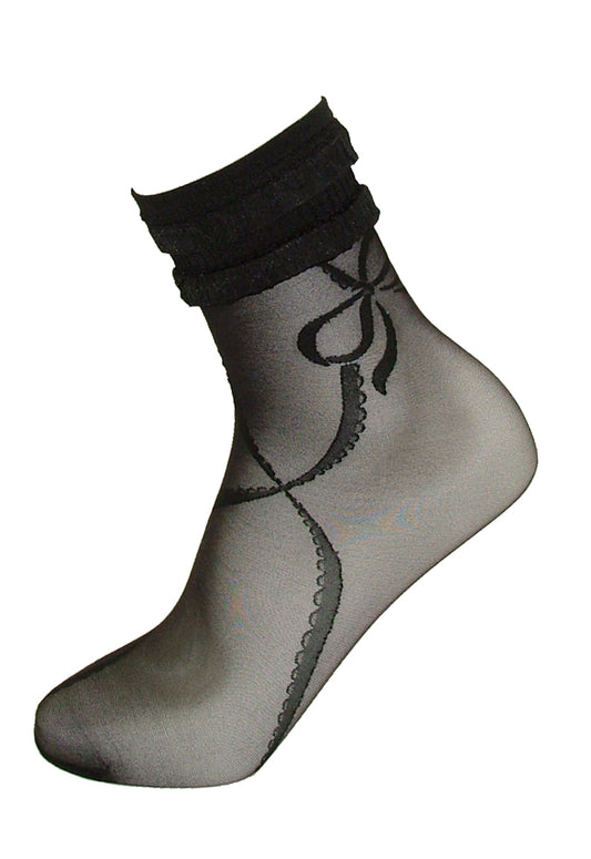 Omsa 3373 Jewel Calzino - Sheer black fashion ankle socks with a ribbon bow pattern and double frill cuff