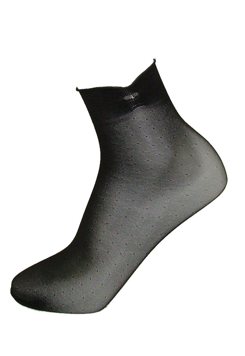 Omsa Just Calzini - Semi sheer micro mesh fashion ankle socks with a spot pattern, side gathered cuff with a silver thread stitch.