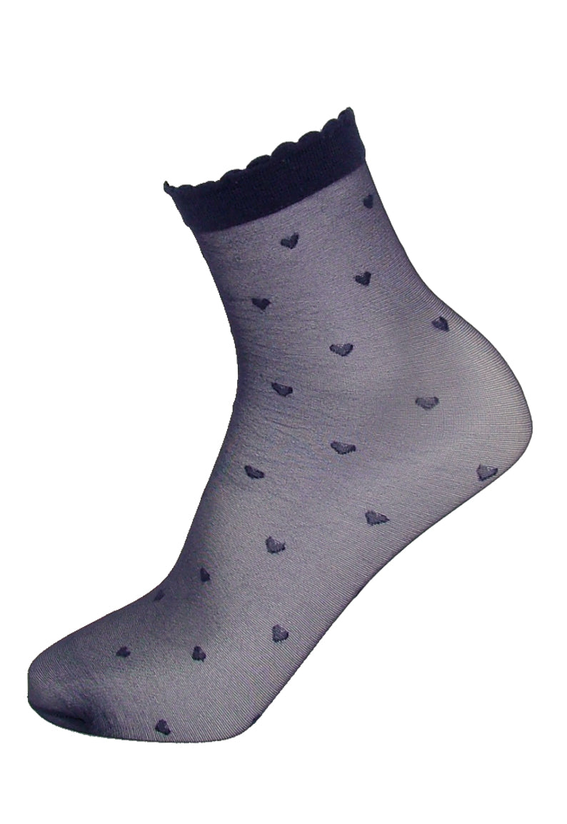 Omsa 3531 Lovie Calzino - Sheer navy fashion ankle socks with an all over heart pattern and comfort scalloped cuff. 