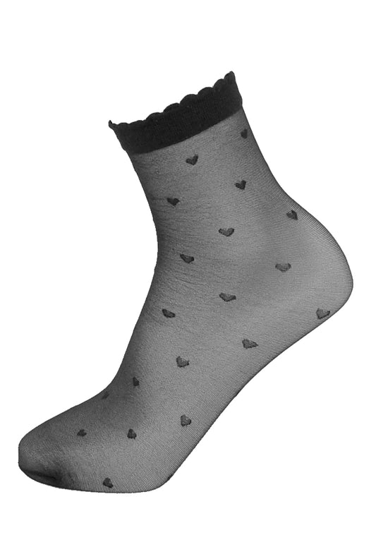 Omsa 3531 Lovie Calzino - Sheer black fashion ankle socks with an all over heart pattern and comfort scalloped cuff. 