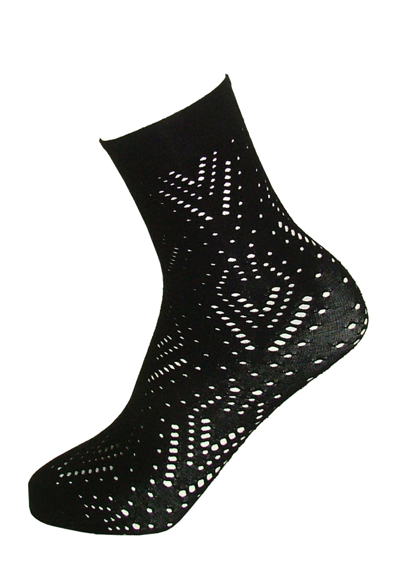 Omsa Melody Calzino - Black light cotton mix fashion ankle socks with an openwork diamond shape geometric pattern and plain comfort cuff.