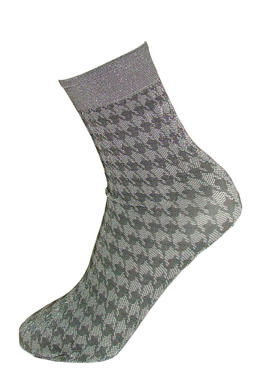 Omsa Music Calzino - Sparkly silver fashion ankle socks with a houndstooth pattern in shades of grey.