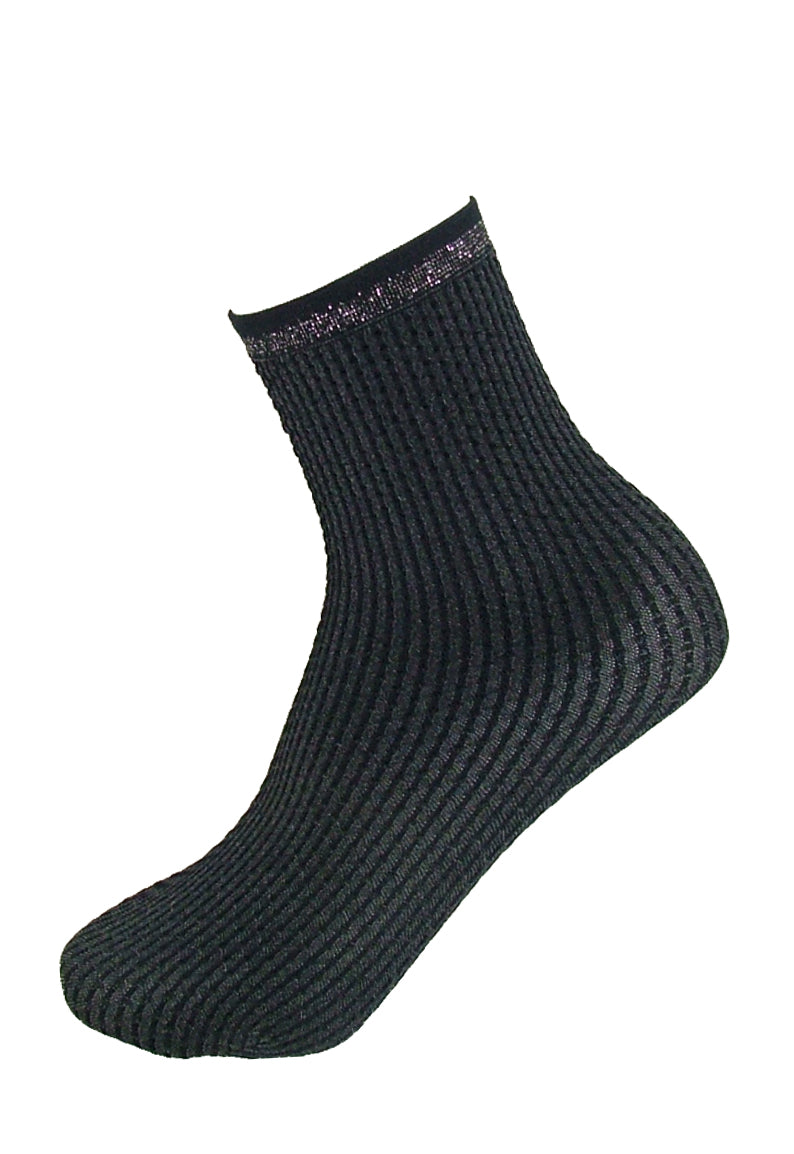 Omsa Private Calzino - Navy opaque fashion ankle socks with a textured dotted pinstripe pattern and silver lam̩ cuff.