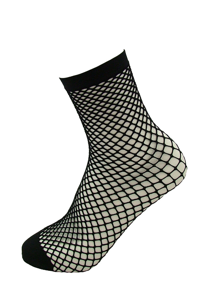 Omsa 3592 Spin Calzino - black fishnet mesh ankle socks with plain opaque toe and cuff.
