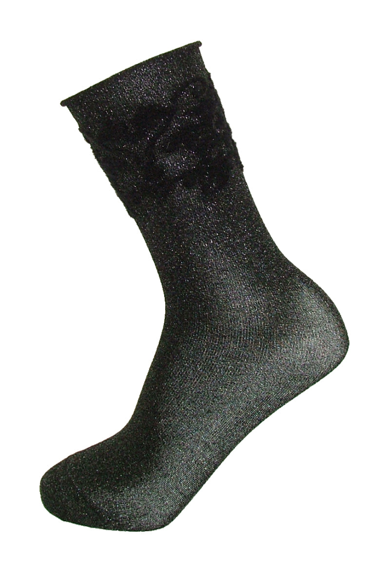 Omsa Velvety Calzino - Black silver lam̩ cotton mix socks with a velvety woven floral style design band and no cuff roll top edge.