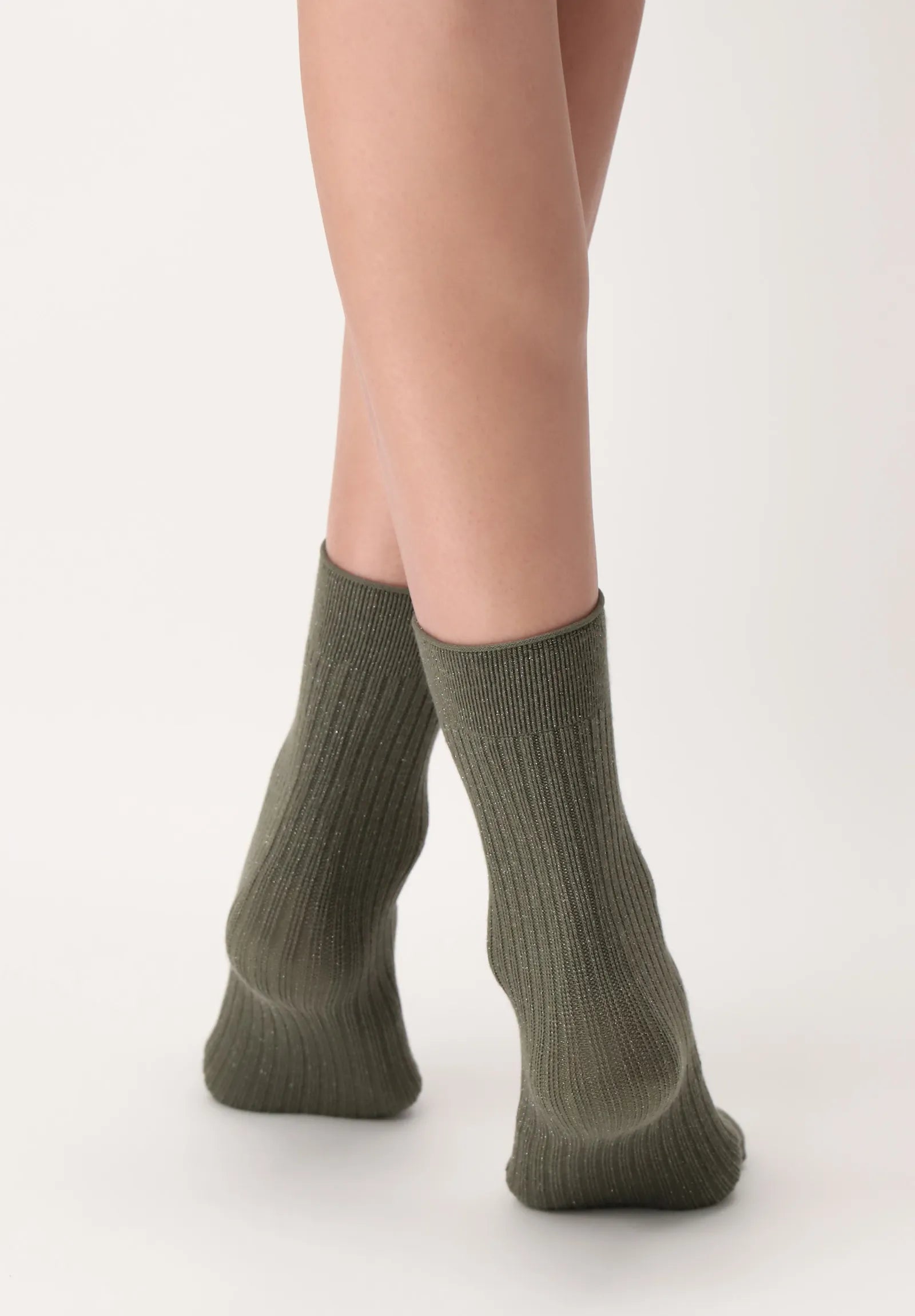 OroblÌ_ Bright Rib Sock - Soft and warm khaki green ribbed knitted ankle socks with sparkly silver lurex throughout.