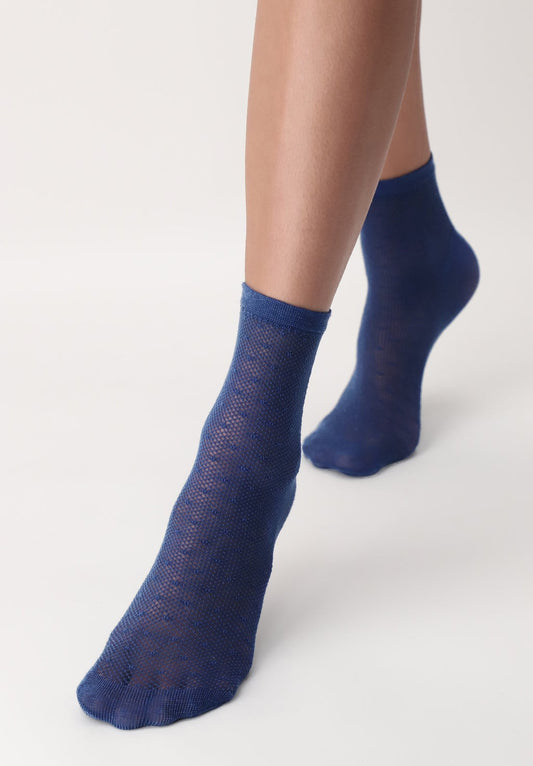 OroblÌ_ Eco Sneaker Sock - Blue marine environmentally friendly fashion quarter high ankle socks made of recycled yarn with a semi-sheer micro-mesh base, woven all over spot pattern, plain under foot, thin cuff and shaped heel.