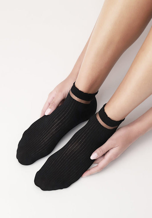 OroblÌ_ Gentle Sock - Black light ribbed cotton fashion ankle socks with a sheer striped cuff and scalloped edge.